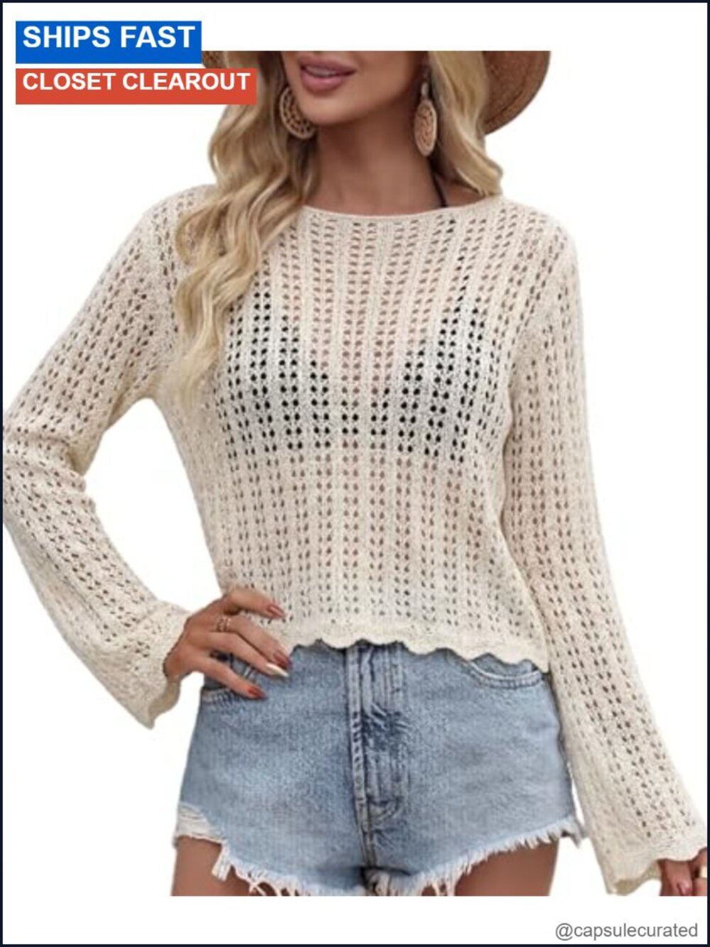 Crochet Hollow Out Cropped Sweater Long Sleeve Boat Neck Pullover